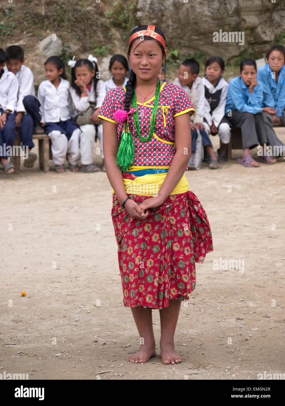 School Children Traditional Dance Lukla Nepal Asia Stock Photo