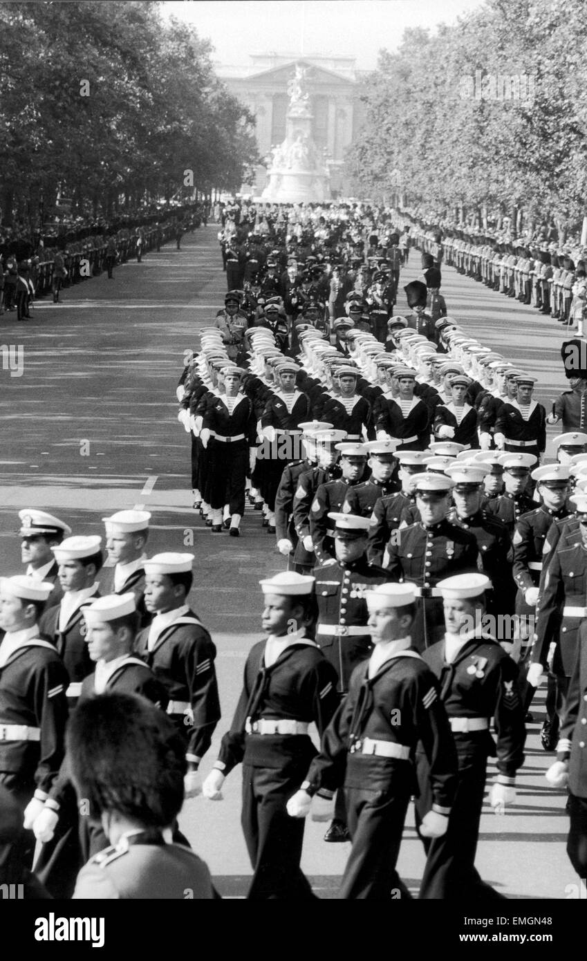 Contingents of foreign Navies and Marines marching during the funeral procession of Lord Louis Mountbatten who was killed by an IRA bomb on his fishing boat at Mullaghmore, Ireland. 5th September 1979. Stock Photo