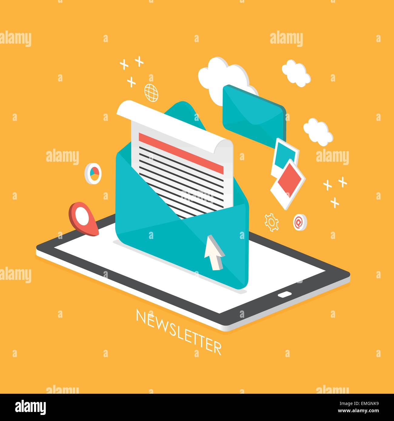 newsletter concept 3d isometric infographic with tablet showing an