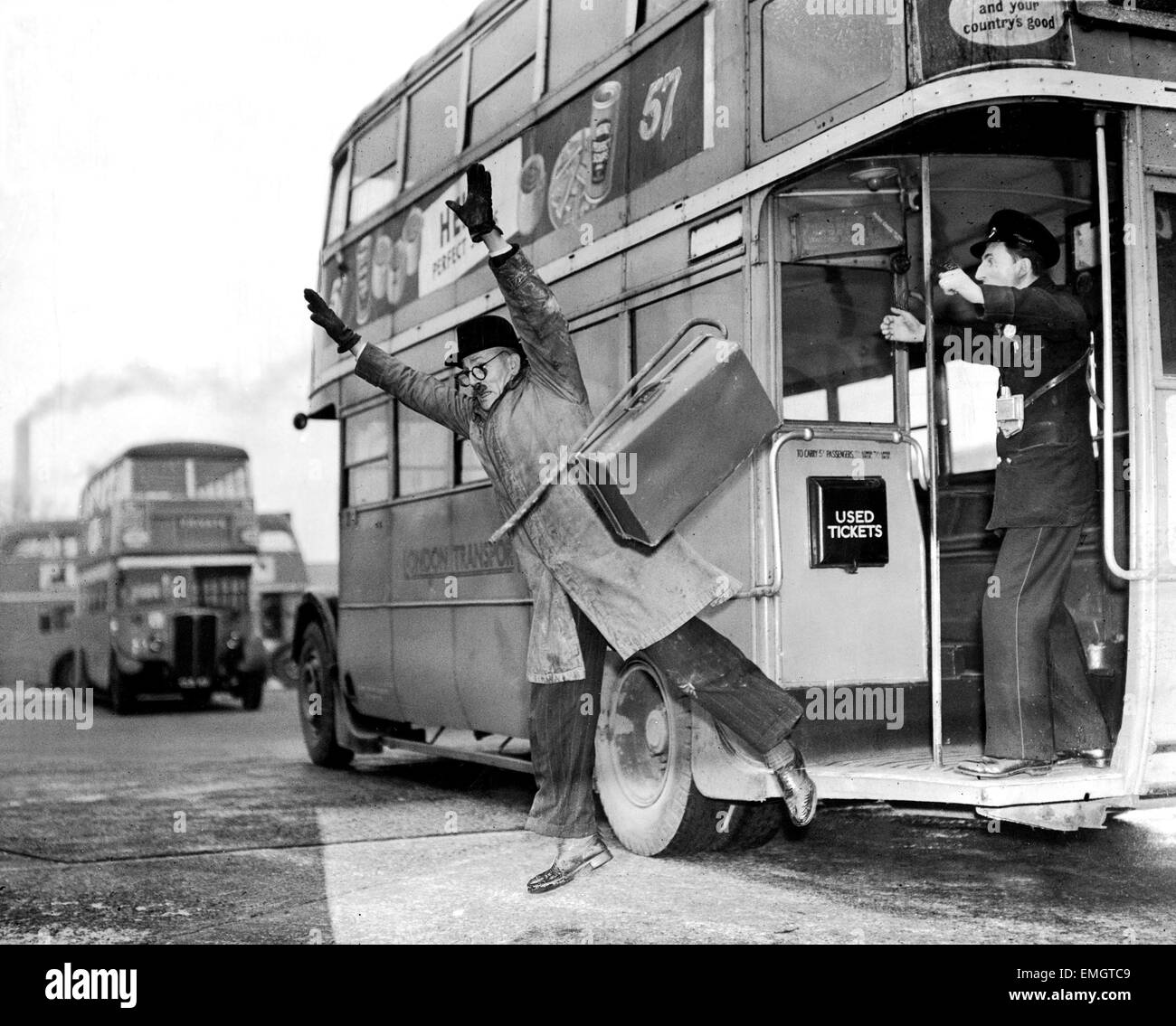 Albert Fisher 'Bumps' of Willesden earns his living by falling off London buses. He is part of the Chiswick Accident Demonstration Unit of the London Transport Executive and takes part in demonstrations to show bus drivers and conductors how accidentsa re caused and how they can be avoided. 6th December 1950. Stock Photo