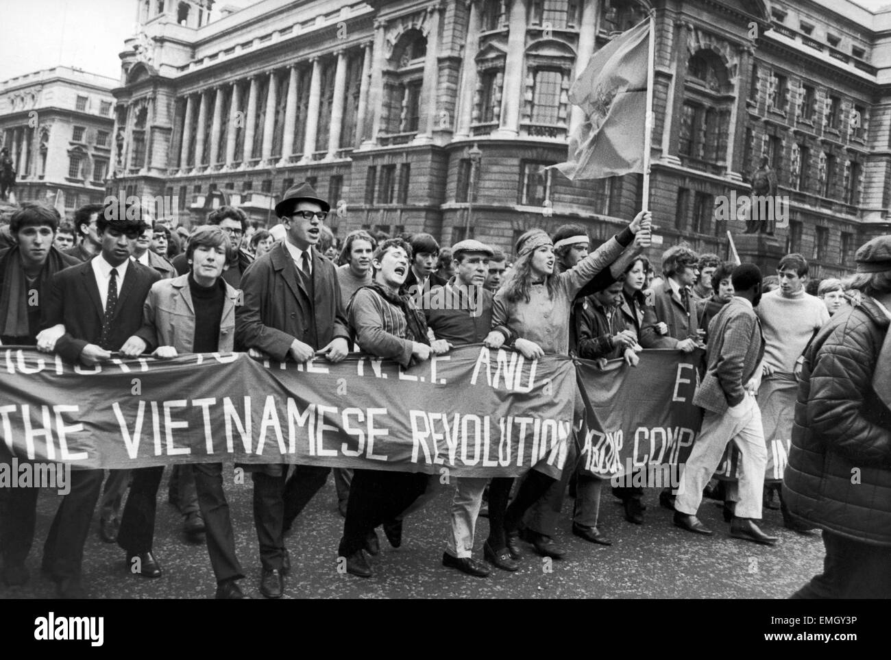 Marchers protest in Whitehall, London during a mass Anti Vietnam war rally. 27th October 1968. Stock Photo