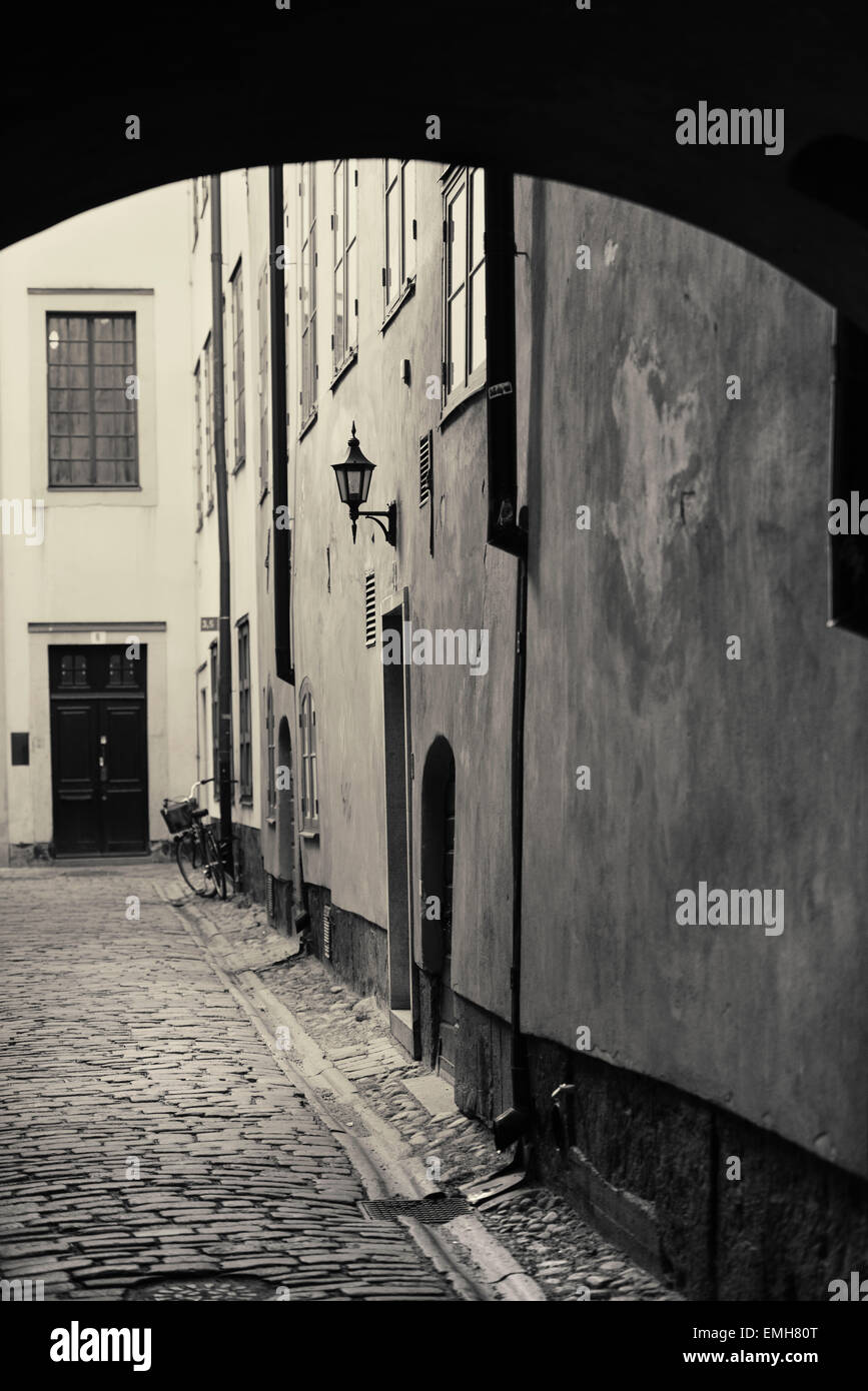 Old building and empty alley in Gamla Stan (Old Town) Stockholm, Sweden. Stock Photo