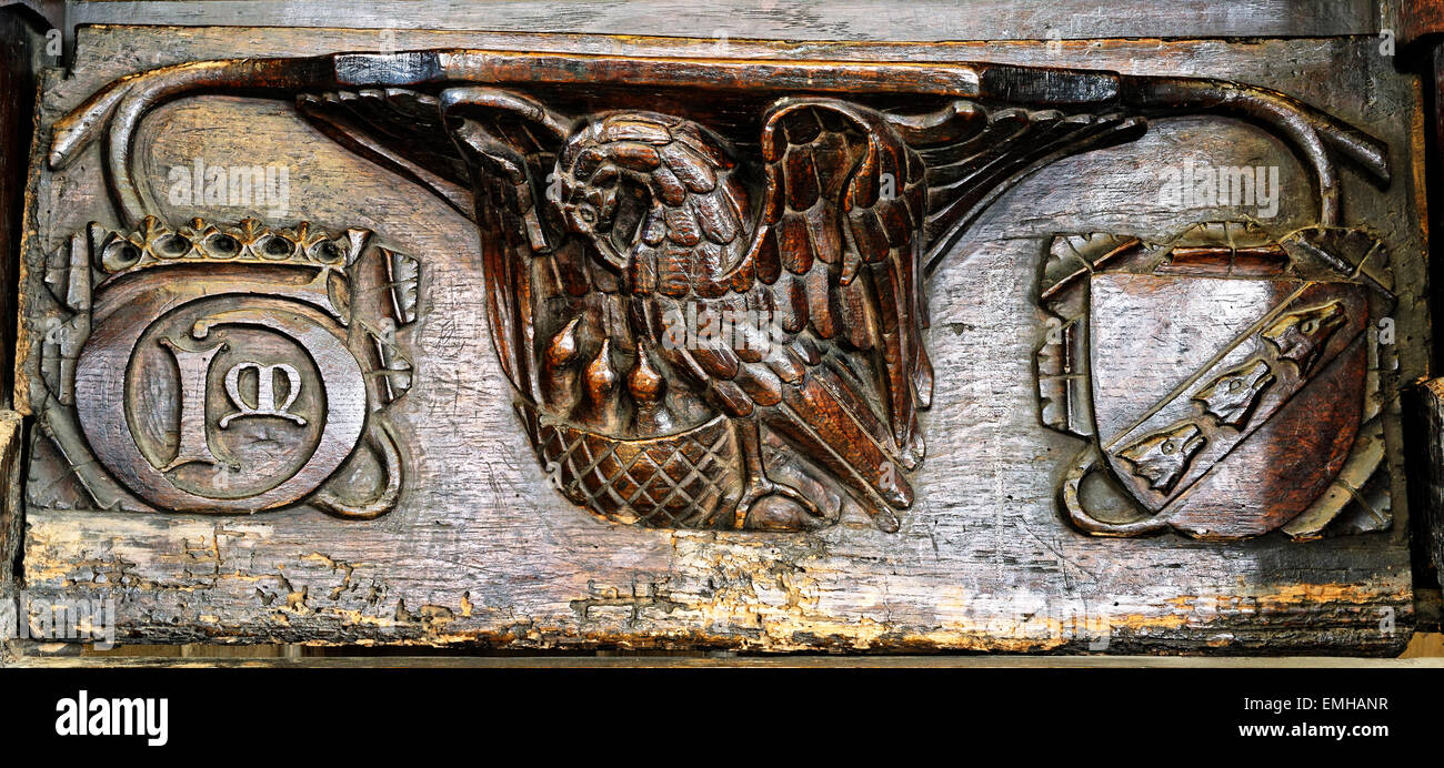 A 15th century misericord, depicting a Pelican feeding her chicks, All Saints Church, North Street, City of York, England, UK Stock Photo