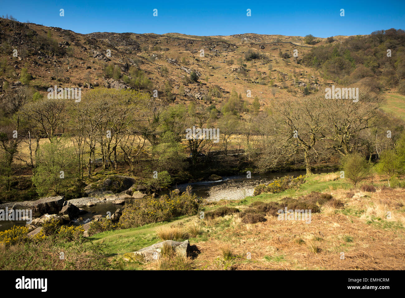 UK, Wales, Gwynedd, Welsh Mountain Railway, Snowdonia Aberglasyn Pass, Glaslyn River Stock Photo