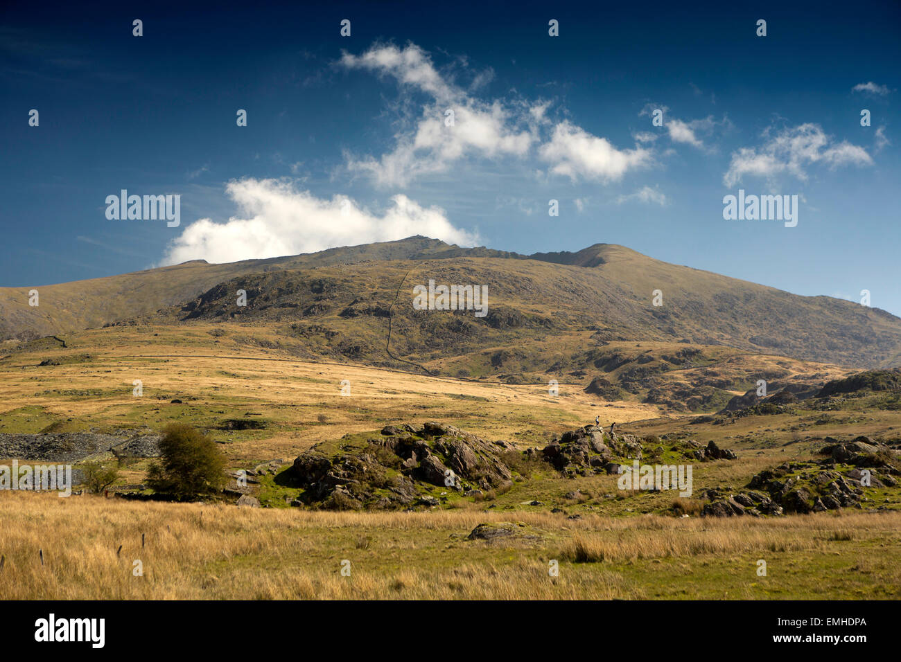 UK, Wales, Gwynedd, Welsh Mountain Railway, Rhyd Ddu, view of Snowdon from the train Stock Photo