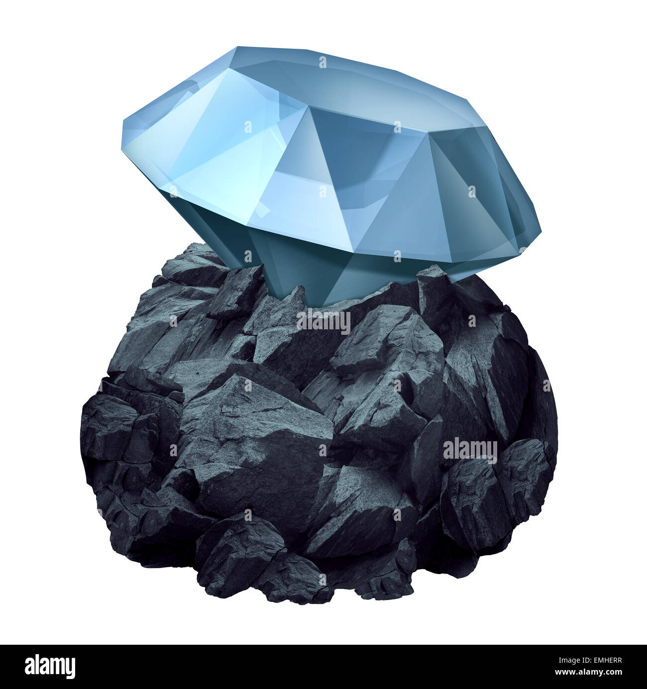Diamond in the rough as a shiny precious gem hidden in a chunk of jagged rock  as a business symbol and character metaphor for discovery of future potential for success and the value or power within. Stock Photo