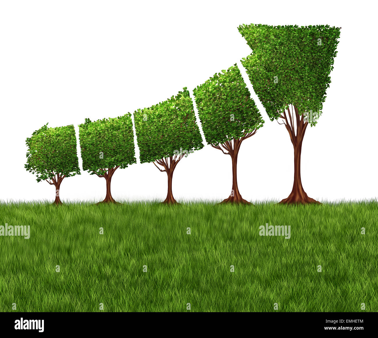 Economic graph chart and eco or ecological development concept as a group of trees coming together in the shape of an arrow pointing upwards as a success metaphor for profits and growth. Stock Photo