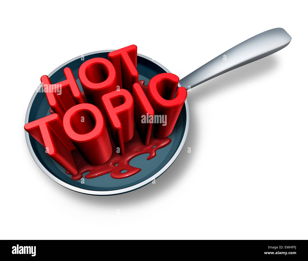 Hot topic and breaking news symbol as the word for current social newsflash events in a frying pan as a press headline icon for Stock Photo