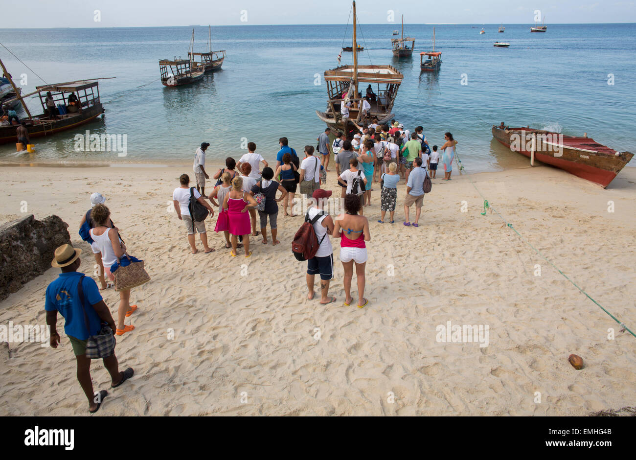 western tourists ready for a boat trip on Zanzibar Stock Photo Alamy