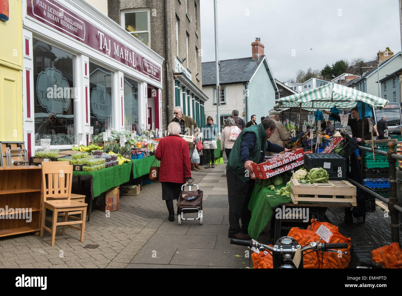 Stalls in Machynlleth market town on weekly market day held on Stock