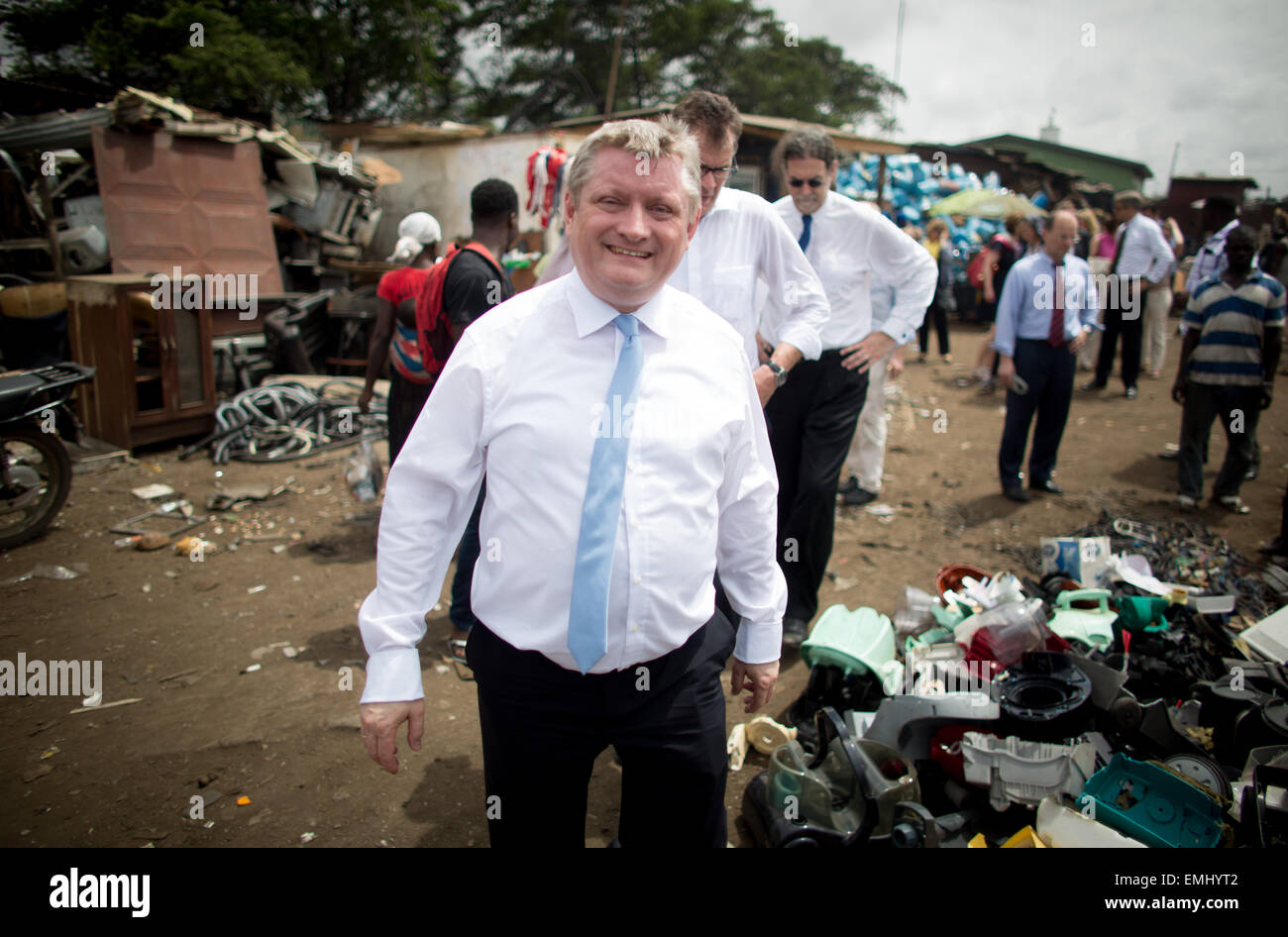 Acccra, Ghana. 9th Apr, 2015. German Minister of Economic Cooperation and Development Gerd Mueller (L, CSU) and German Minister of Health, Hermann Groehe (CDU), visit a waste dump for electronic waste in the outskirts of Acccra, Ghana, 9 April 2015. Around 50 million tons of electronic waste is produced worldwide every year. A large portion of the waste including mobile phones, computers and televisions end up in Accra on cargo vessels arriving from Germany, other European countries and the US. Photo: Kay Nietfeld/dpa/Alamy Live News Stock Photo