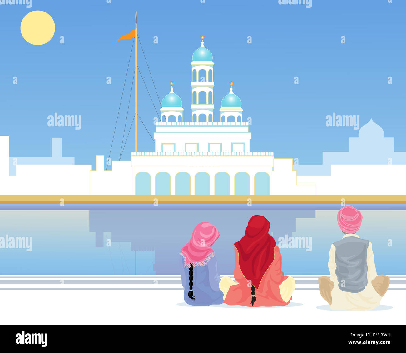 an illustration of a gurdwara with a sarovar and pilgrims sitting on the marble walkway under a blue sky in the Punjab Stock Photo