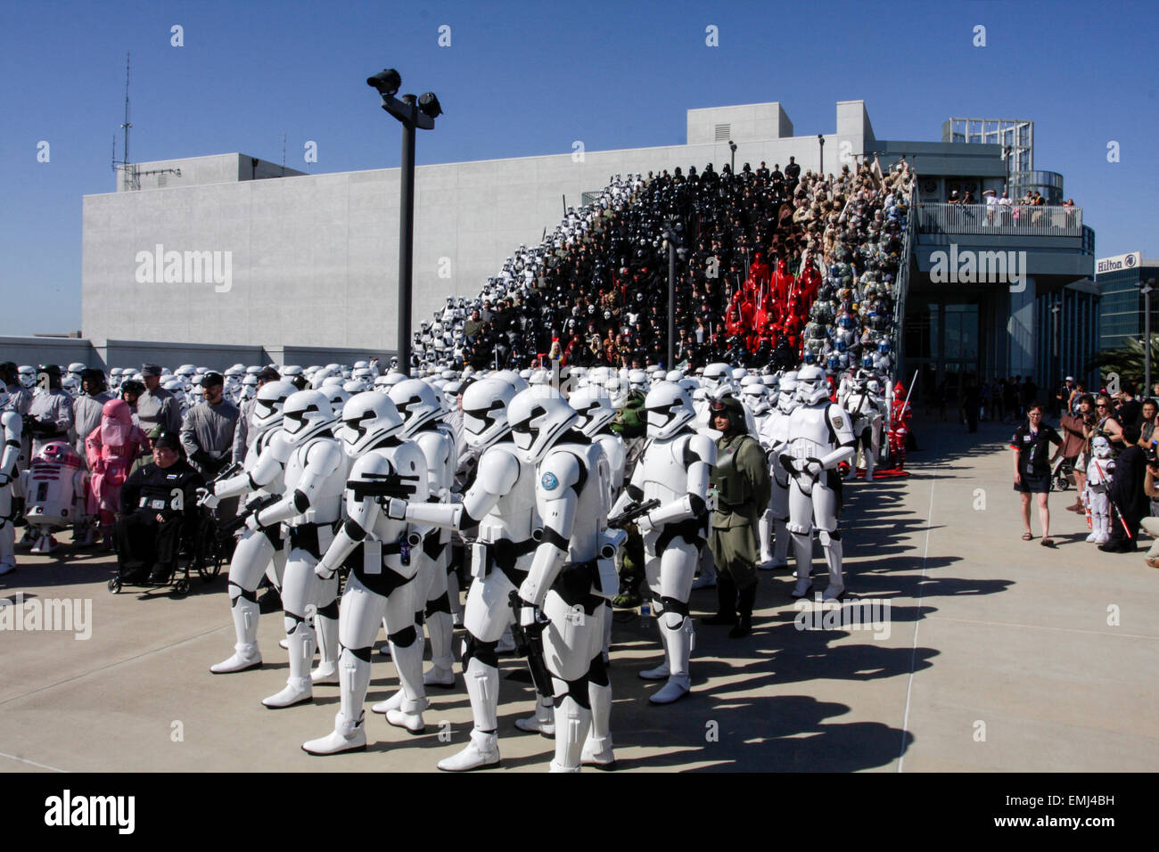 Anaheim, CA, USA - April 18, 2015: A Group of Storm Troopers posing for pictures at the 2015 Star Wars celebration in the sun. Stock Photo