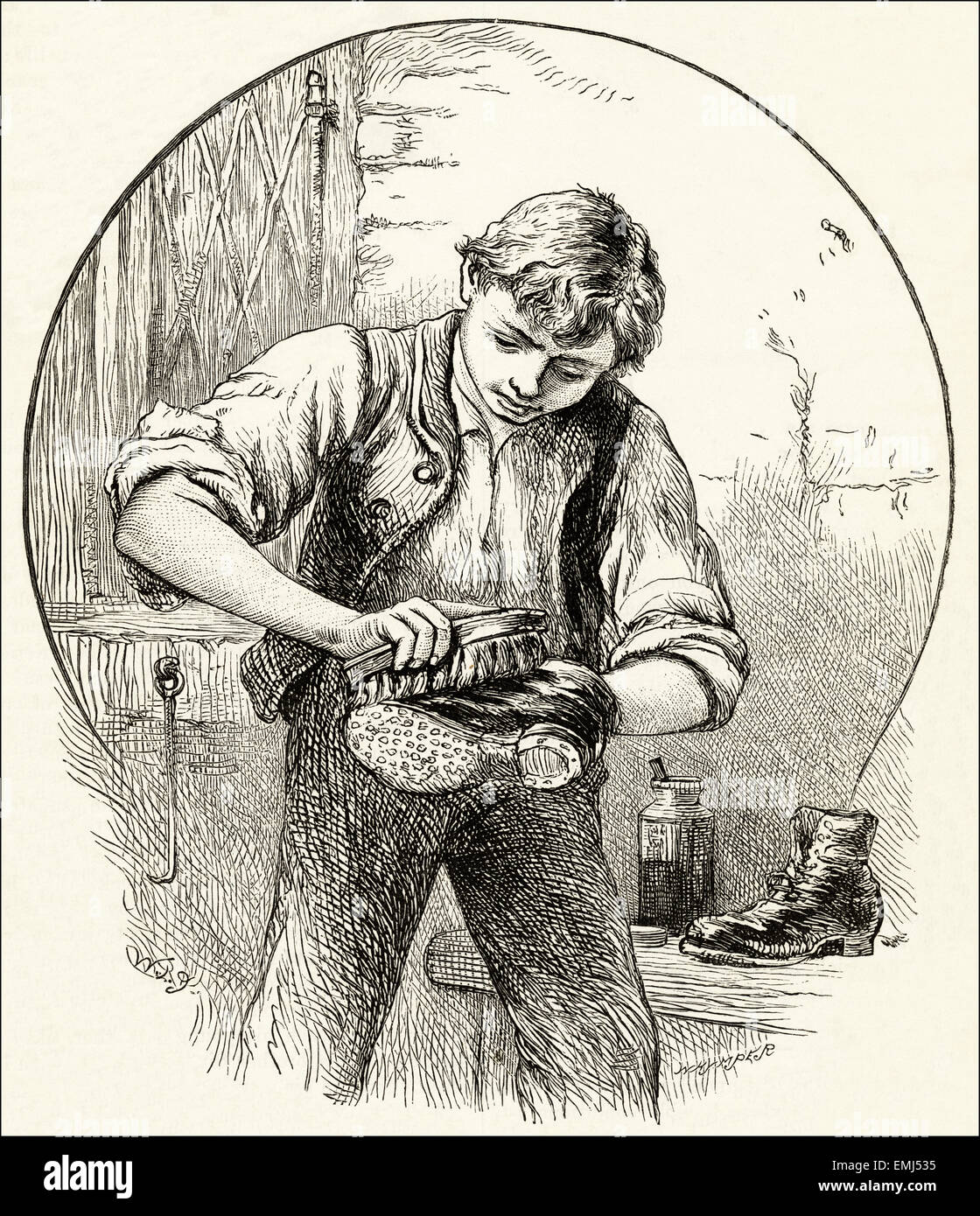 Boy cleaning boots. Victorian woodcut engraving dated 1890 Stock Photo