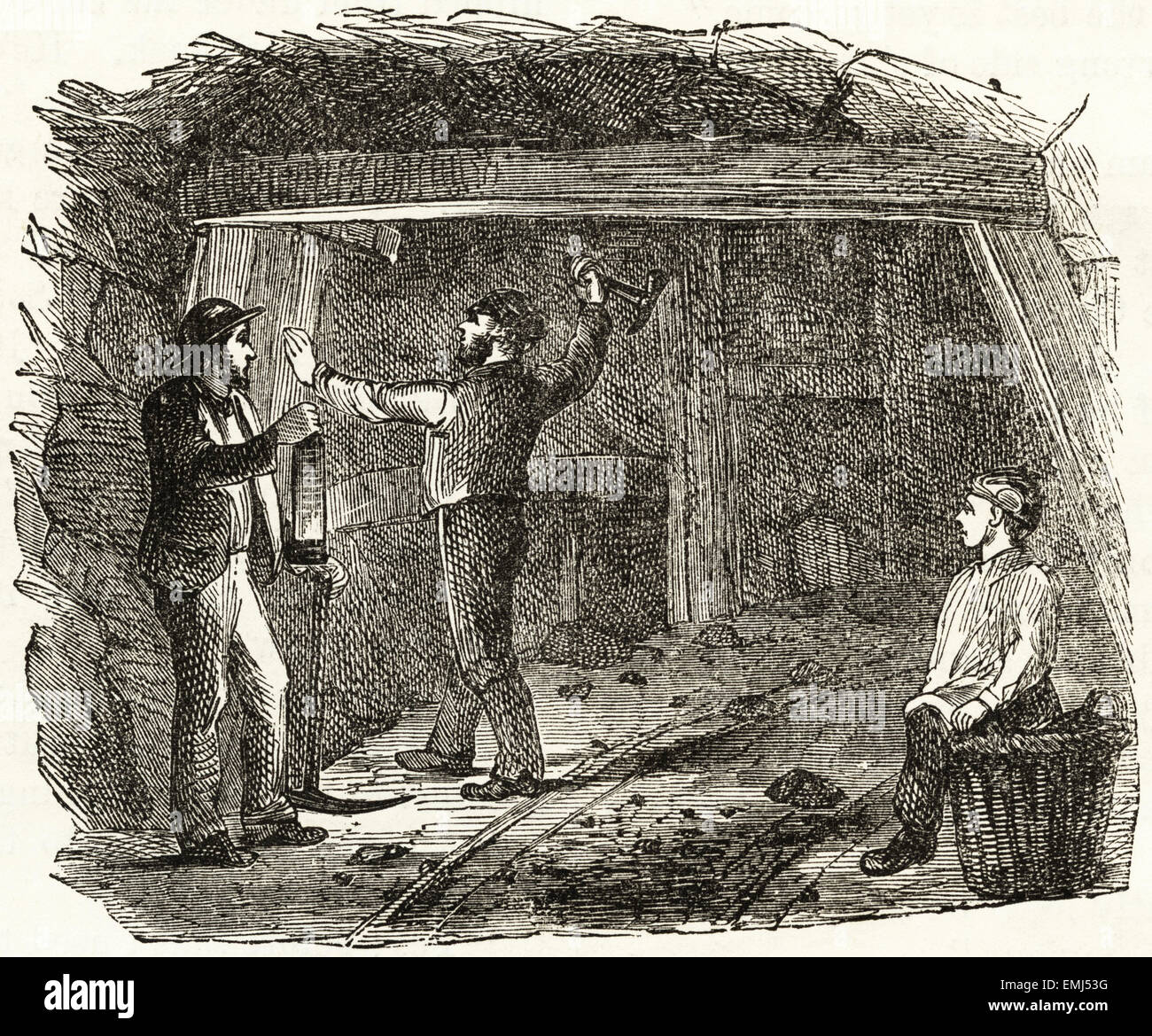 Coal miners working underground putting in pit prop roof supports. Victorian woodcut engraving dated 1890 Stock Photo