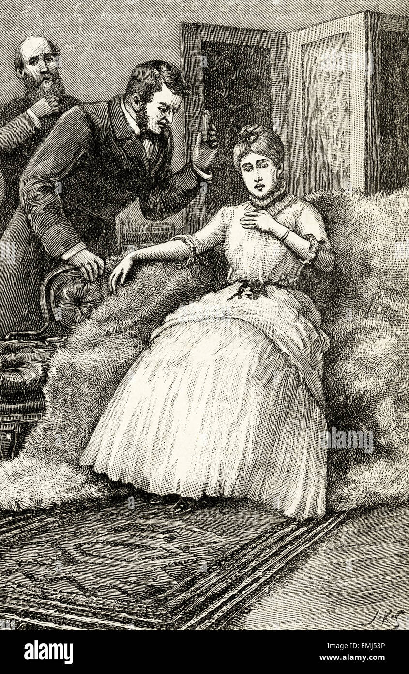 Doctor giving medicine to a woman in her home. Victorian woodcut engraving dated 1890 Stock Photo