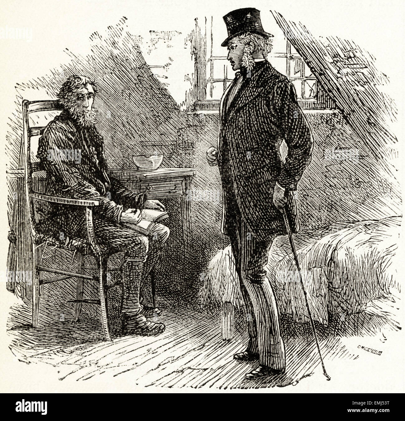 Doctor visiting old man in his home. Victorian woodcut engraving dated 1890 Stock Photo