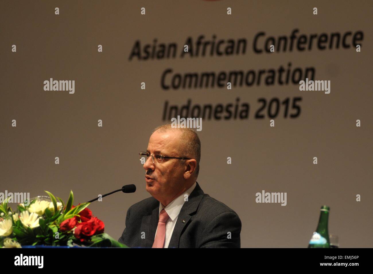 April 21, 2015 - Jakarta, Indonesia - JAKARTA, INDONESIA - APRIL 21: Rami Hamdallah, Palestinian Prime Minister speaks at a press conference after meeting with Indonesian President Joko Widodo during Asian African Conference on April 21, 2015 in Jakarta, Indonesia. Indonesia supports Palestine's independence and plans to open a consulate in Ramallah, Plaestine. (Credit Image: © Sijori Images/ZUMA Wire) Stock Photo