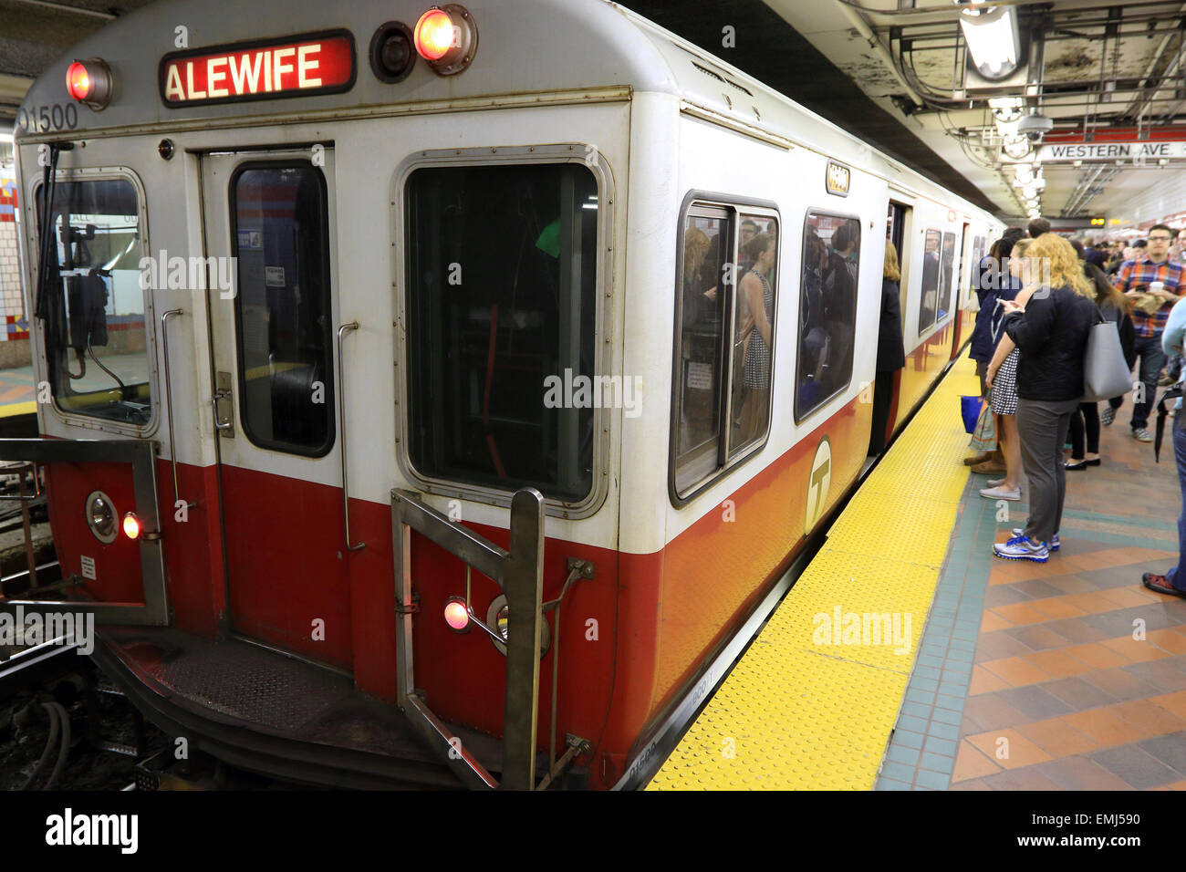 Boston Massachusetts subway with commuters preparing to board  T train on Red line to Alewife. Stock Photo