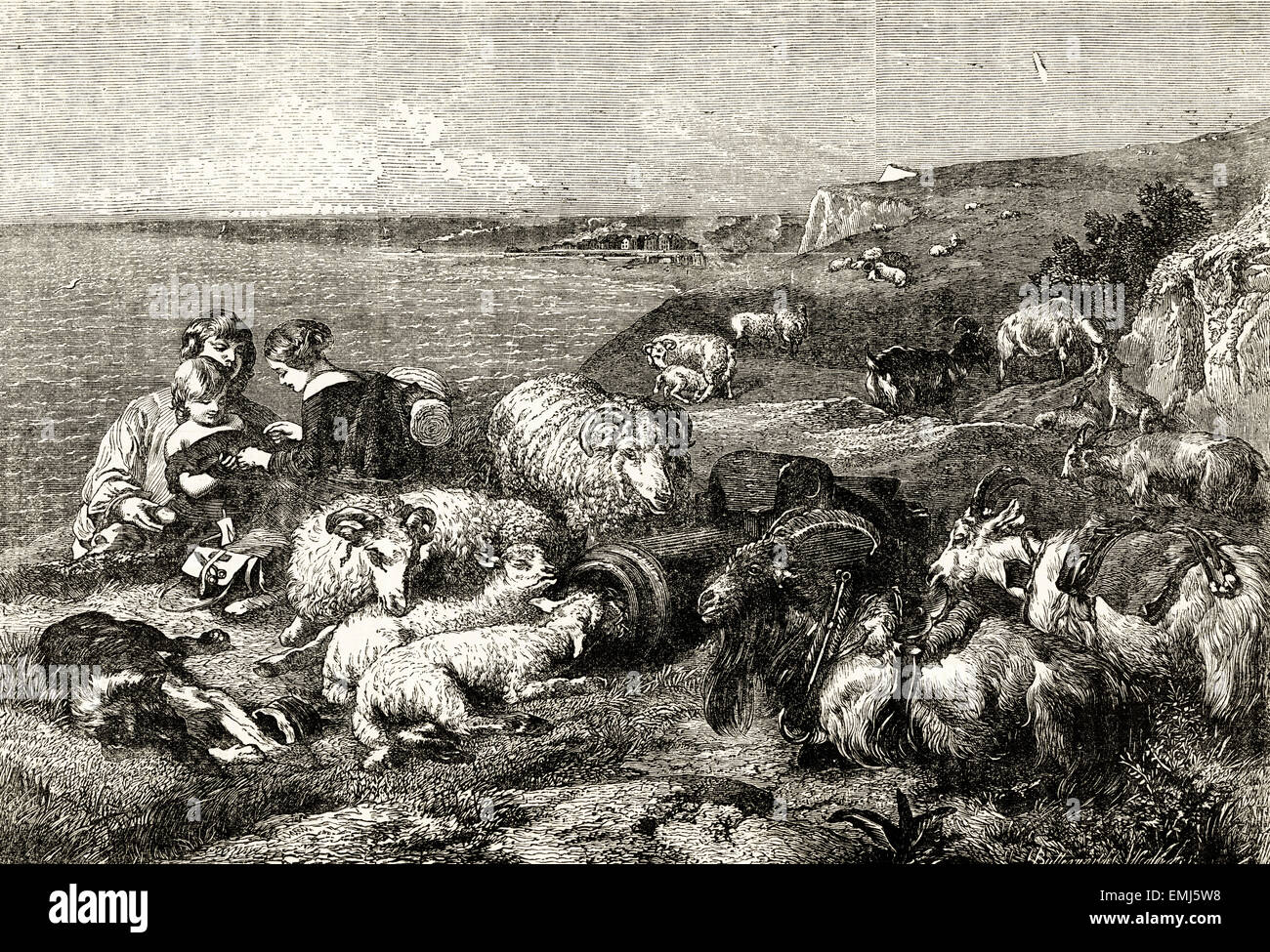 Engraving from painting of countryside scene by Sir Edwin Landseer. Victorian woodcut engraving dated 1890 Stock Photo