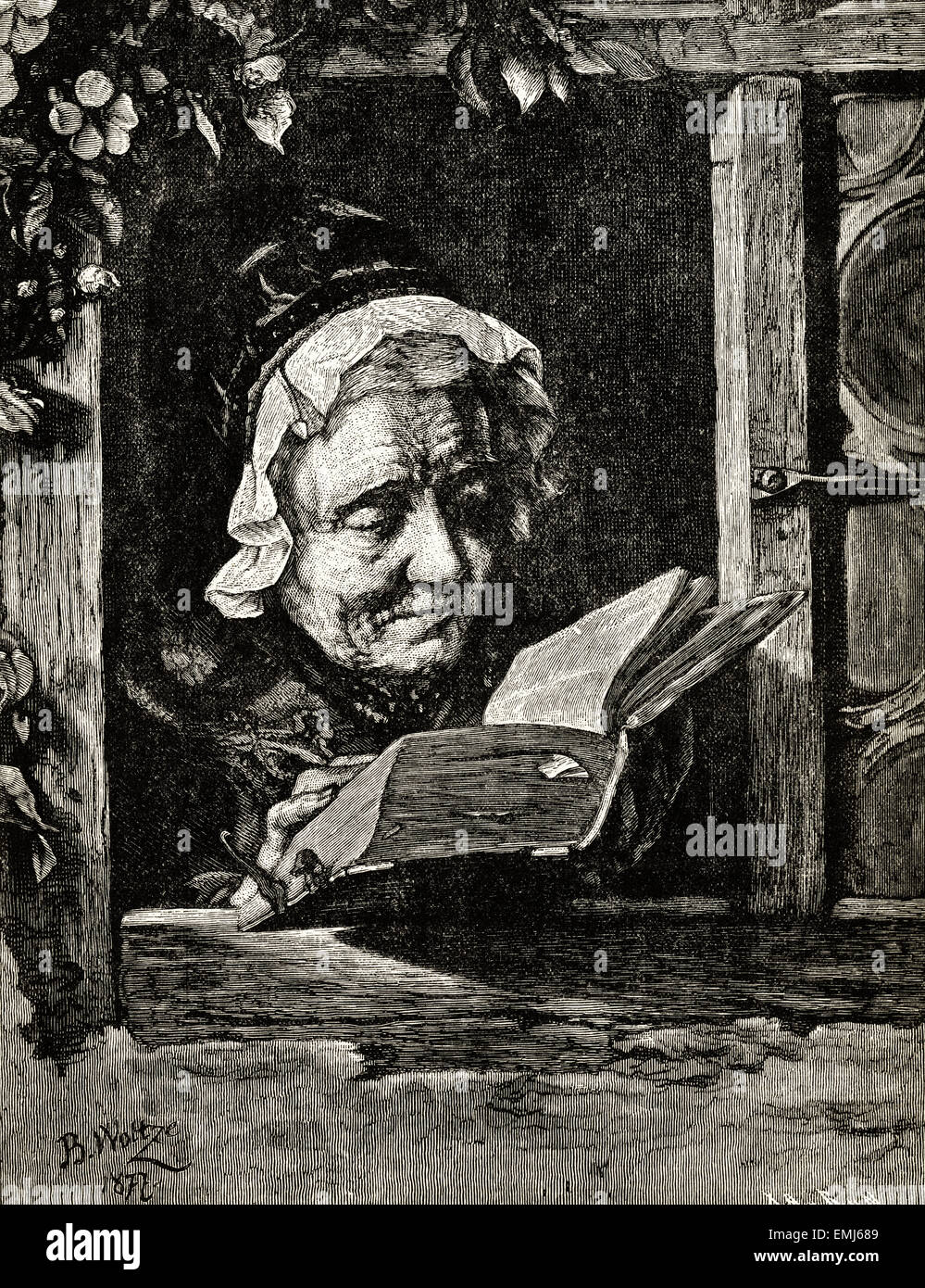 Old lady reading book in window of her home. Victorian woodcut engraving dated 1872 Stock Photo