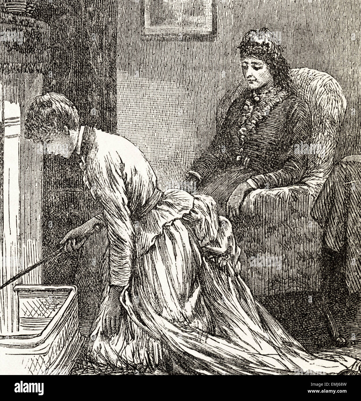 Mother sat in chair in sitting room while daughter pokes the fire. Victorian woodcut engraving dated 1890 Stock Photo