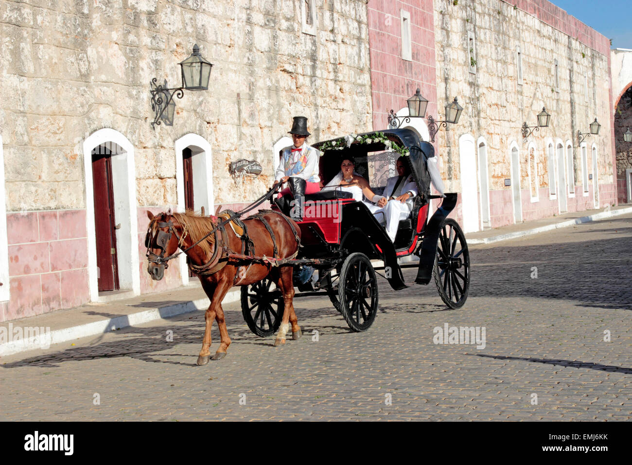 Horse and wagon wedding party at La Cabana fortress Havana Cuba Stock Photo