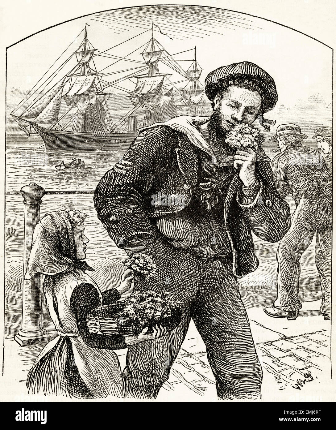 Sailor in port given flowers by young girl. Victorian woodcut engraving dated 1890 Stock Photo