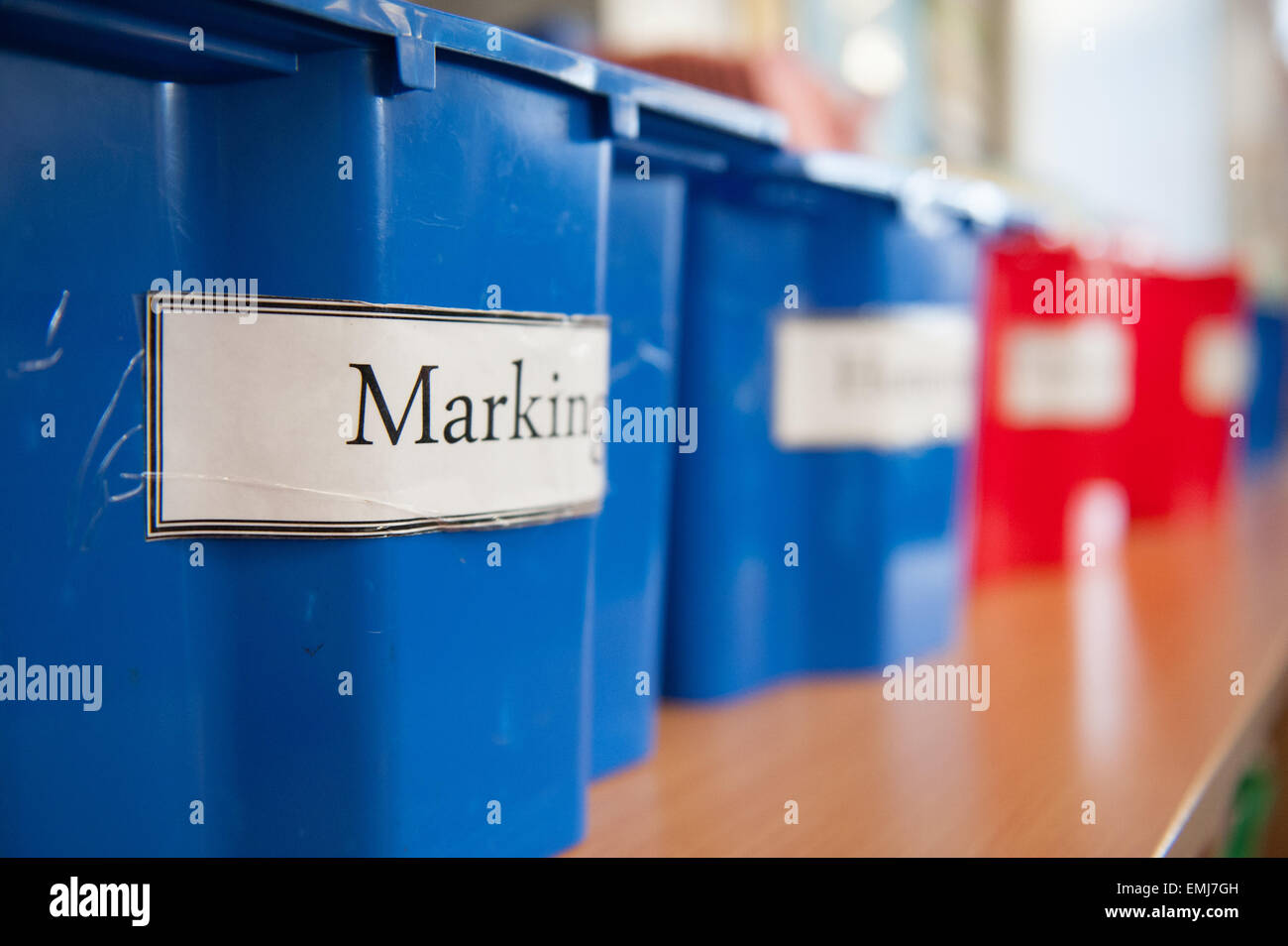 Blue boxes marked, marking in a UK school classroom Stock Photo