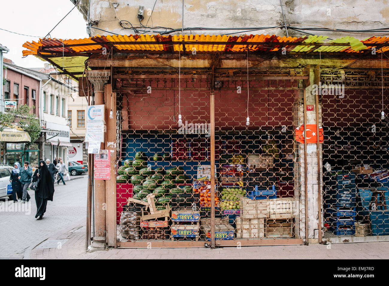 A greengrocer on a street corner in Balat, Istanbul, shutteredup on a