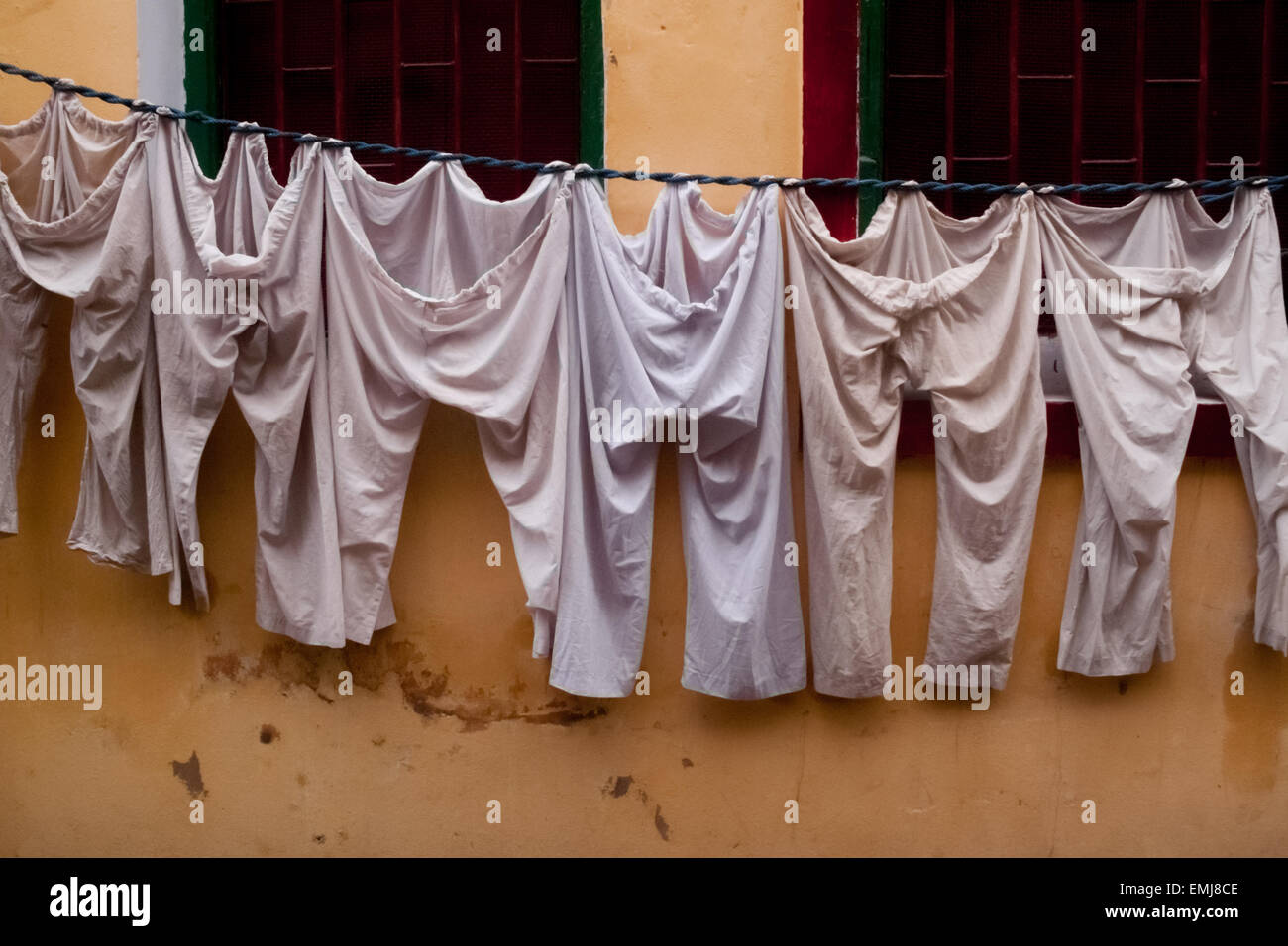 Laundered pants are dried, hung on a wall in Kolkata, West Bengal, India. Stock Photo