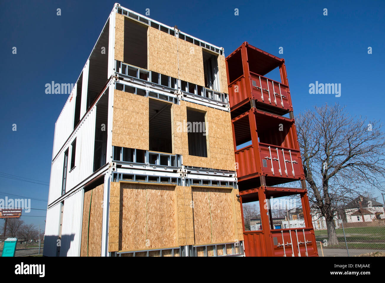 Detroit, Michigan - An apartment building being constructed from used shipping containers. Stock Photo