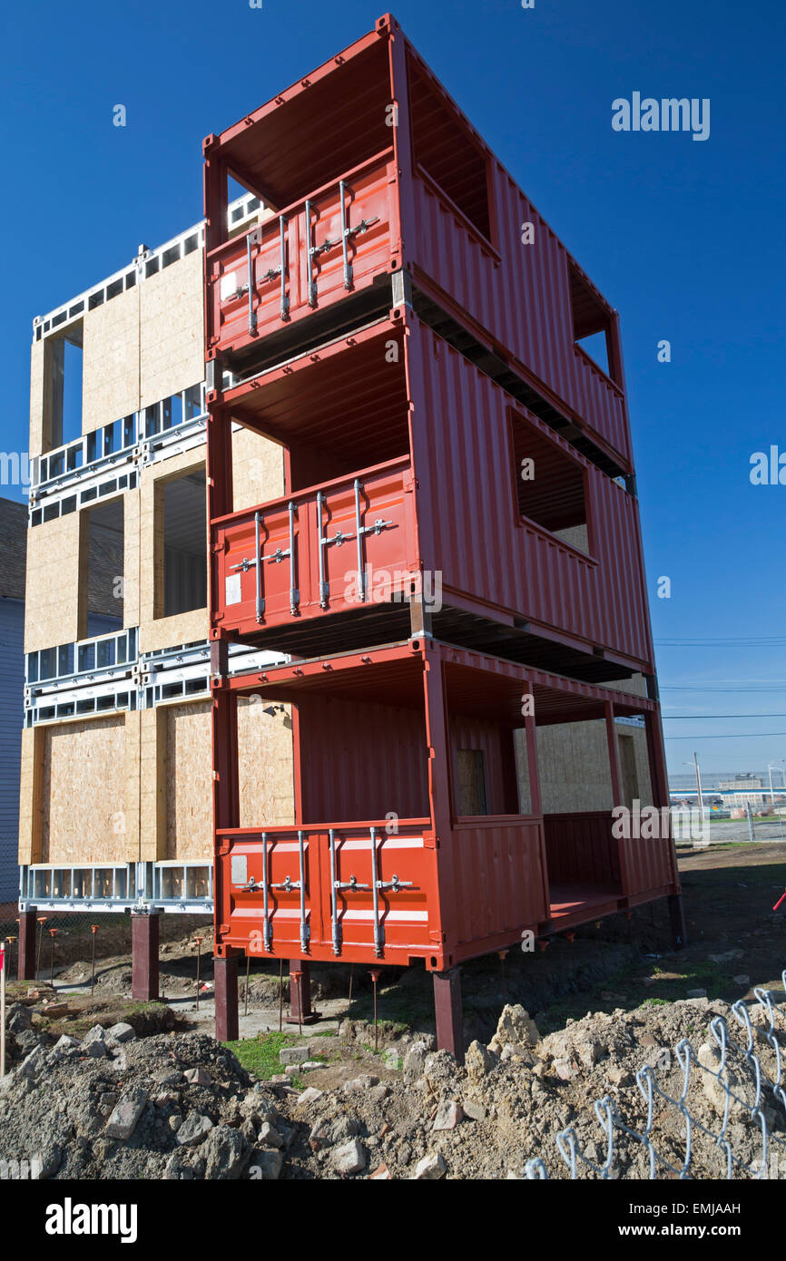 Detroit, Michigan - An apartment building being constructed from used shipping containers. Stock Photo