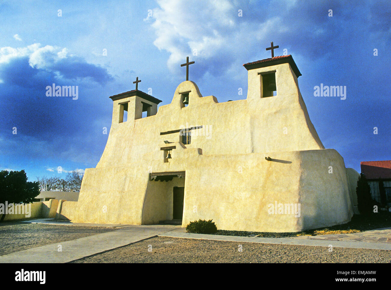 The San Agustin de la Isleta Mission at Isleta Indian Pueblo in central New Mexico was constructed around 1710, after another, older church on the same spot was destroyed. Stock Photo