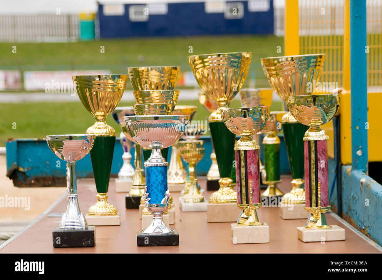 trophy trophies cheap plastic plasticky cup cups rubbish Stock Photo