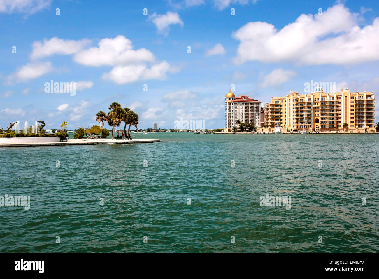 The dolphin sculptures and fountains at the entrance to Sarasota marina