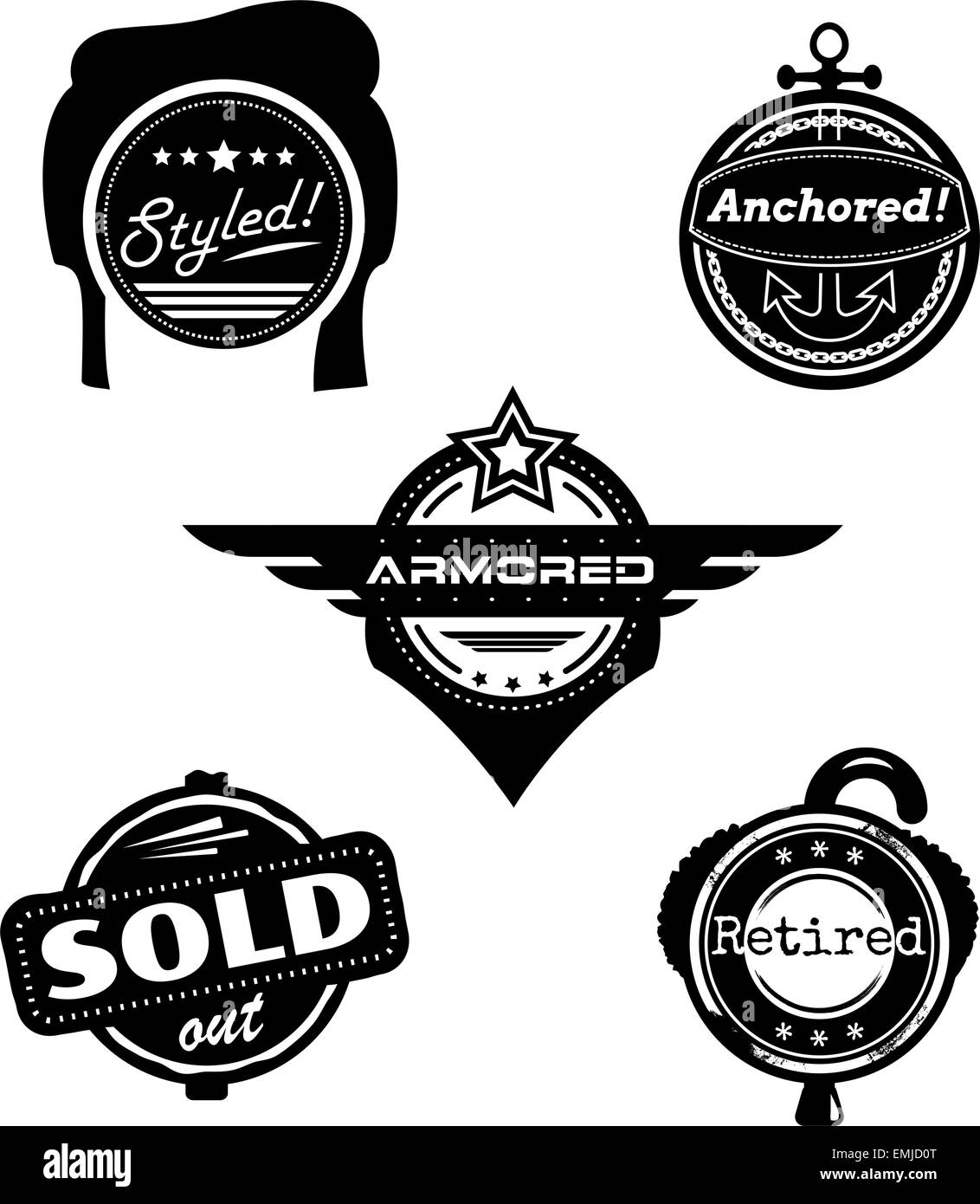 Set of themed vector badges styled retired armored sold anchored Stock Vector