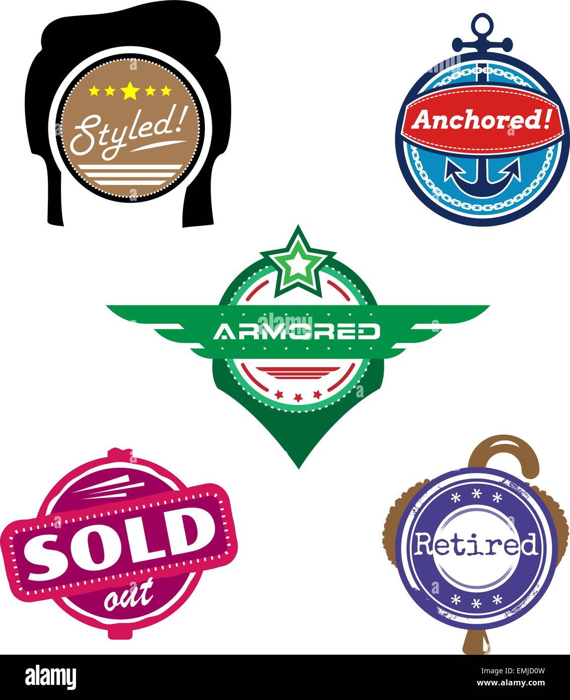 Set of themed vector badges styled retired armored sold anchored Stock Vector