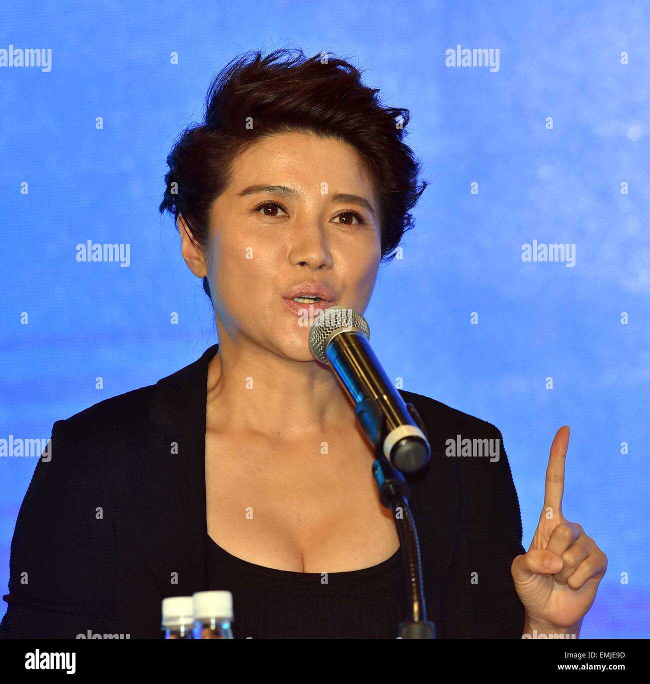 Beijing, China. 21st Apr, 2015. Actress Yan Bingyan speaks during the