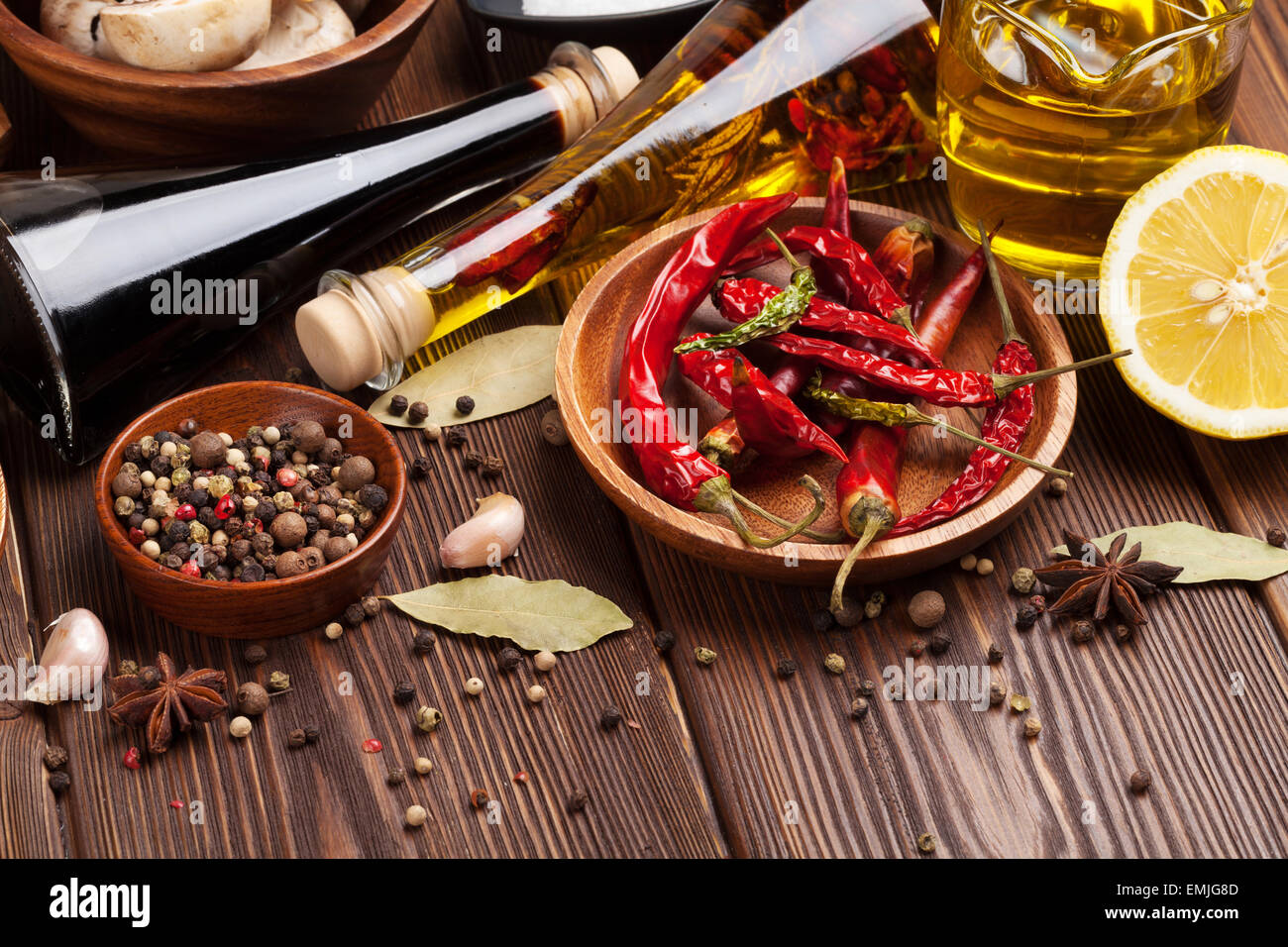 Various spices on wooden background Stock Photo