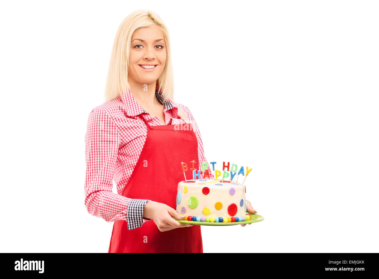 Young mother holding birthday cake isolated on white background Stock