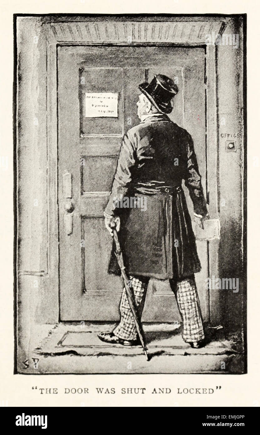 'The door was shut and locked.' - from 'The Adventure of the Red-Headed League' by Arthur Conan Doyle (1859-1930). Illustration by Sidney Paget (1860-1908) from 1891 edition of The Strand Magazine. See description for more information. Stock Photo