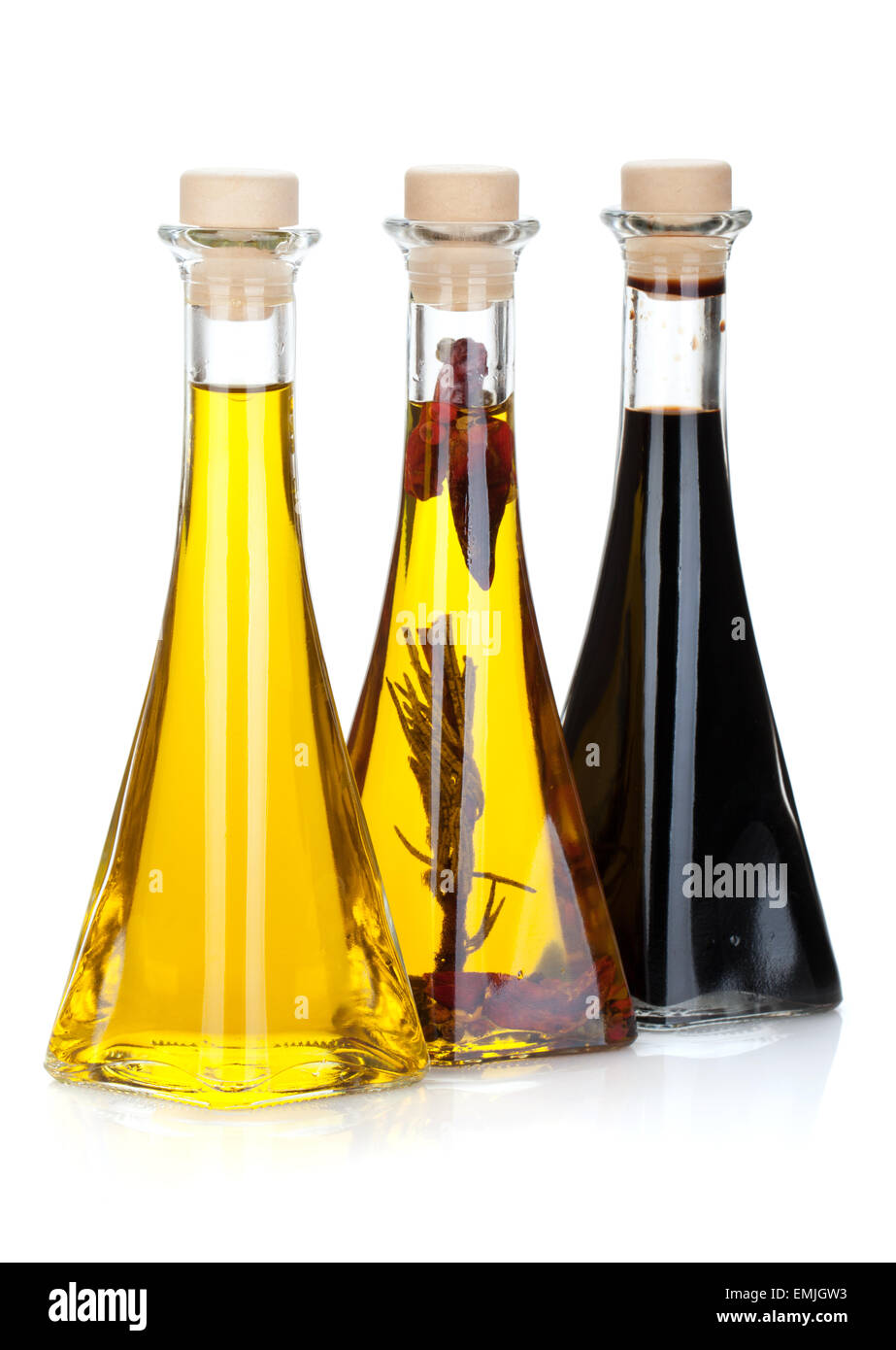 Olive oil and vinegar bottles. Isolated on white background Stock Photo