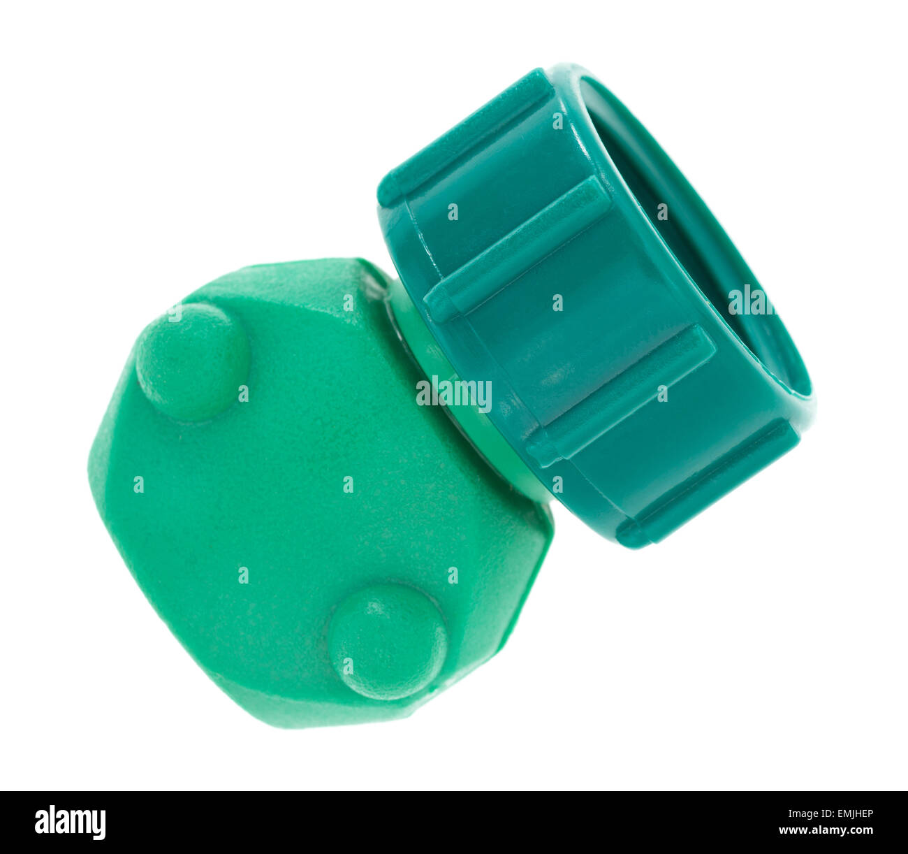 A new female hose coupling for fixing garden hoses on a white background. Stock Photo