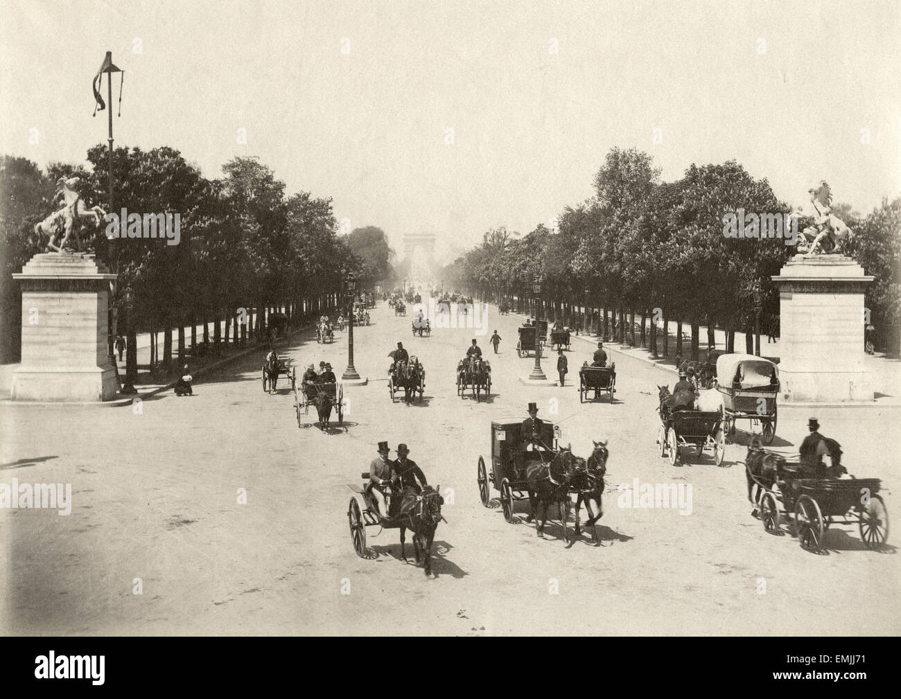 Horse & Buggies on Avenue des Champs-Elysées, Paris, France, Albumen Print, circa 1890 Stock Photo