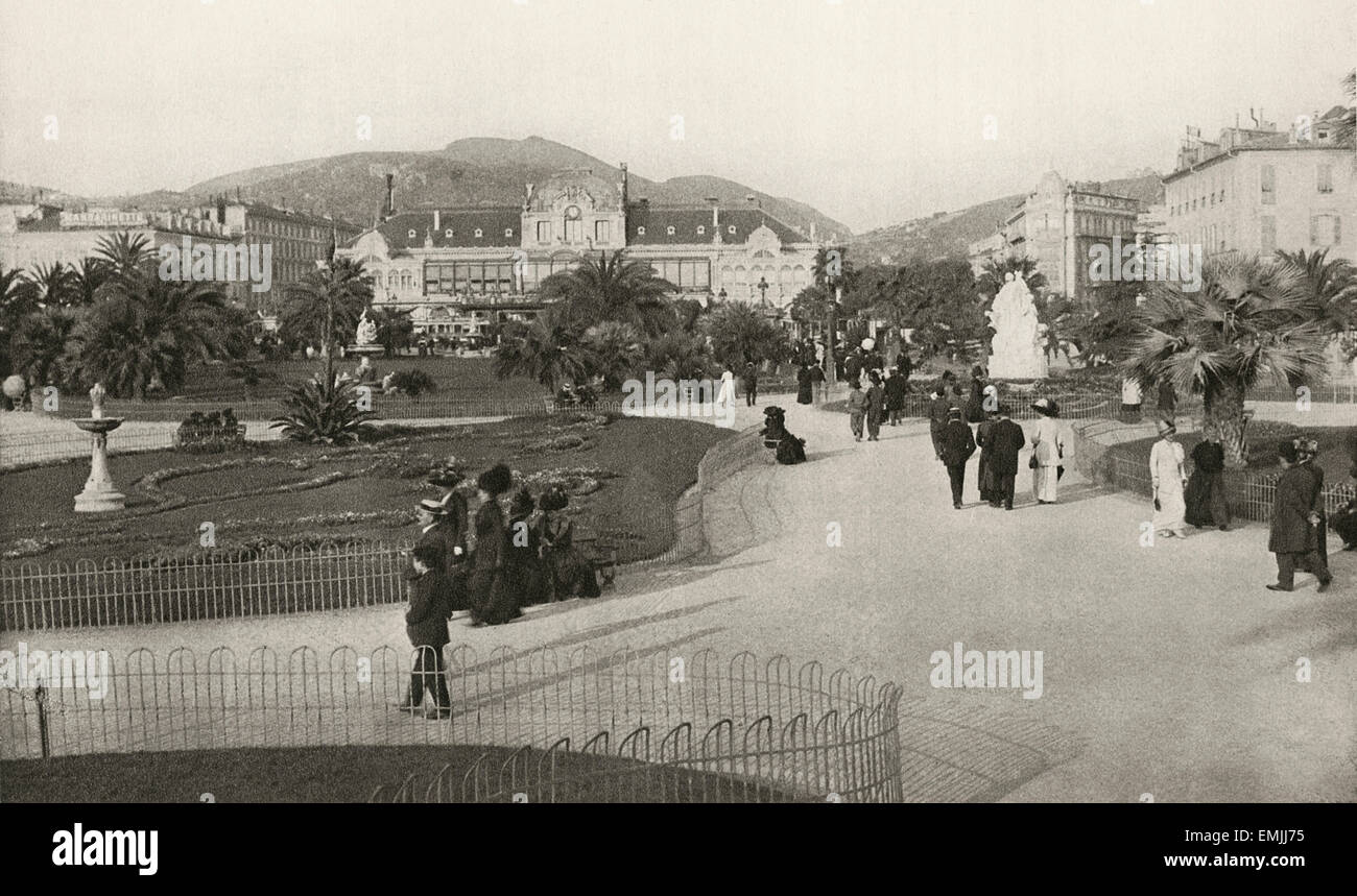 People Strolling through Park, Nice, France, circa 1913 Stock Photo