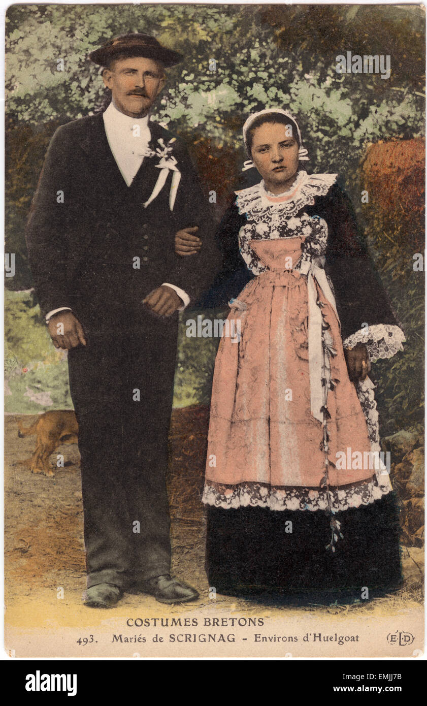 Married Couple in Breton Costumes, Huelgoat, France, Postcard, circa 1910 Stock Photo