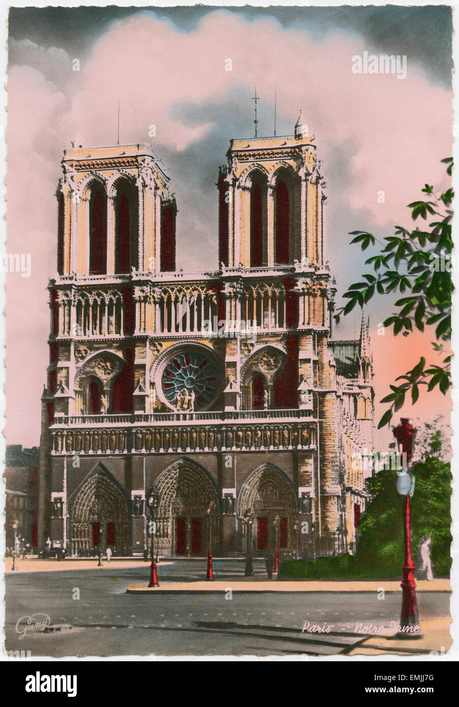 Paris, Notre Dame Church, Paris, France, Hand-Colored Postcard, circa 1930, Stock Photo
