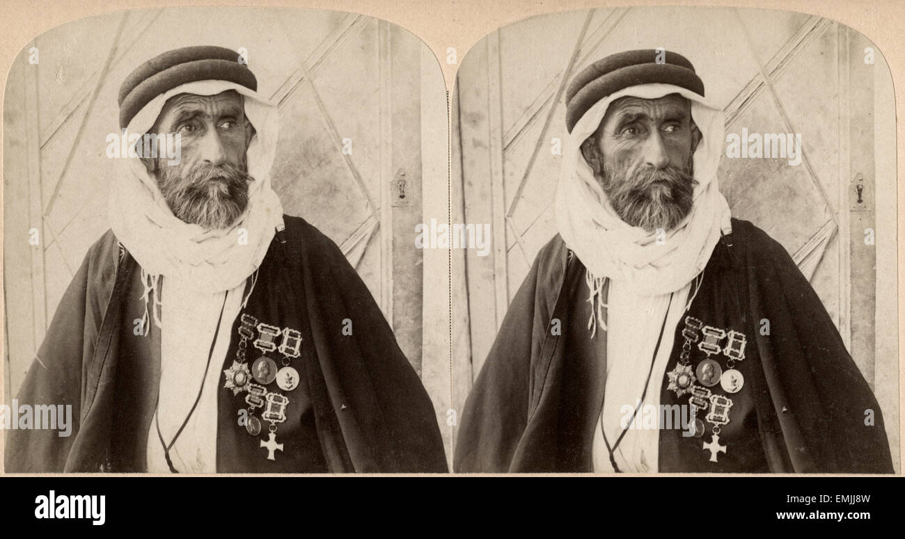 Sheikh el Rachid, Chief of the Escorts and Greatest Bedouin of Palestine, Stereo Card, 1900 Stock Photo