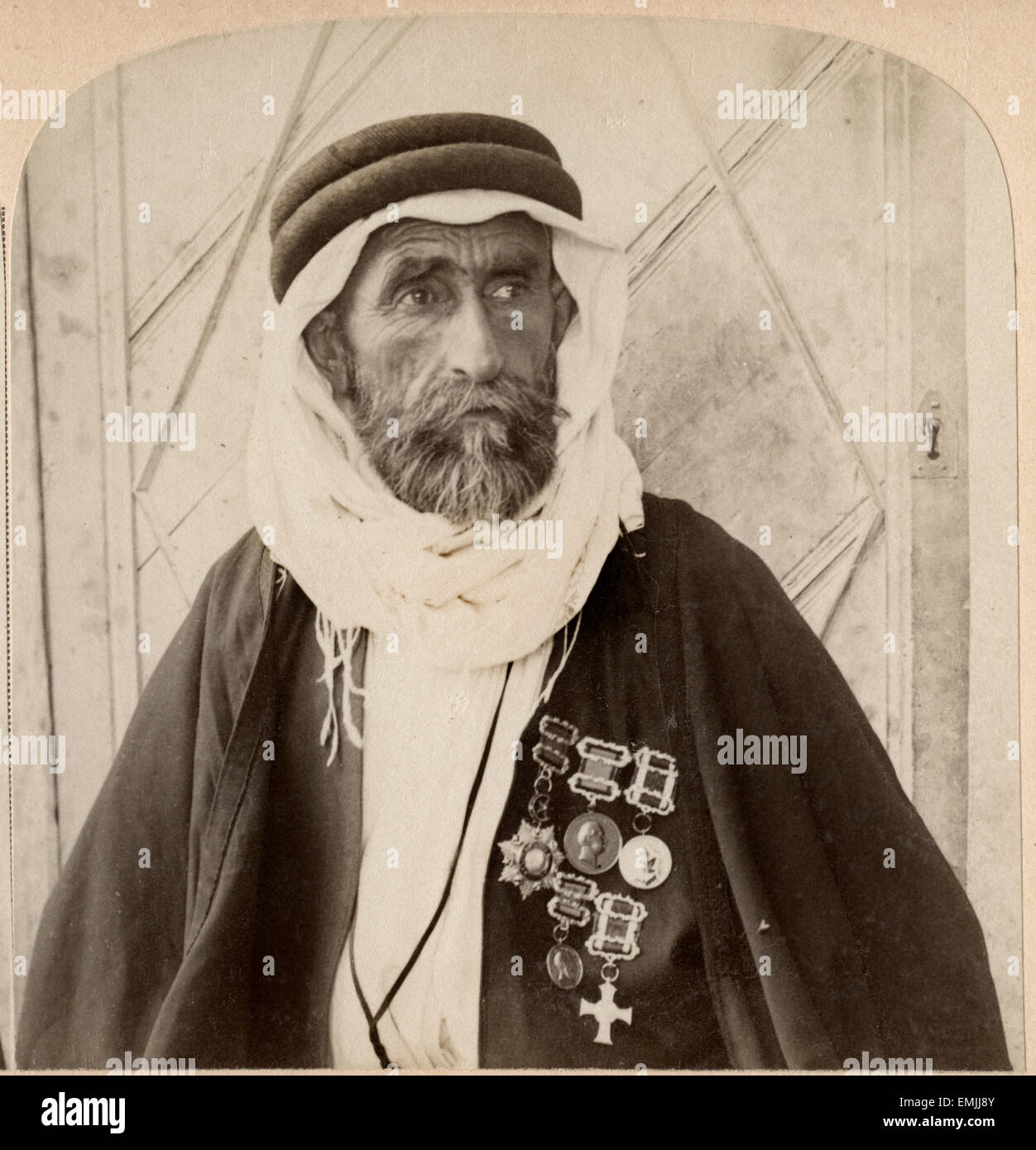 Sheikh el Rachid, Chief of the Escorts and greatest Bedouin of Palestine, Single Image of Stereo Card, 1900 Stock Photo